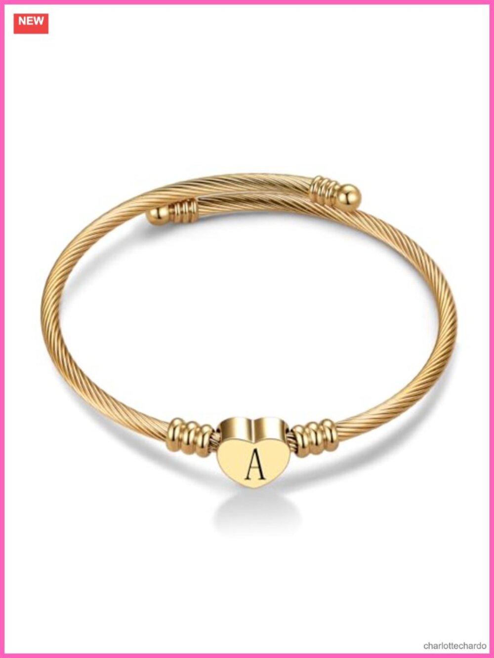 Gold Plated Heart Initial Letter Cuff Bracelet Adjustable Stainless Steel